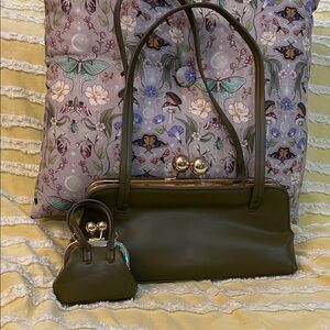 Anthropologie Olive Green Shoulder Bag Set with coin mini purse Brand New